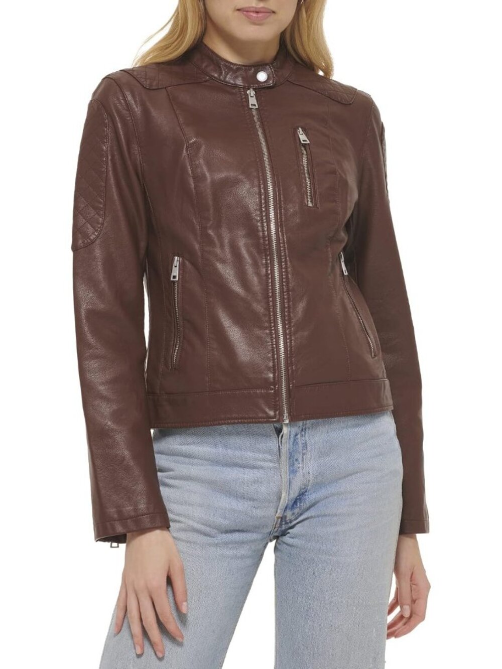 Women's Dark Brown Faux Leather Motocross Snap Down Collar Casual Jacket